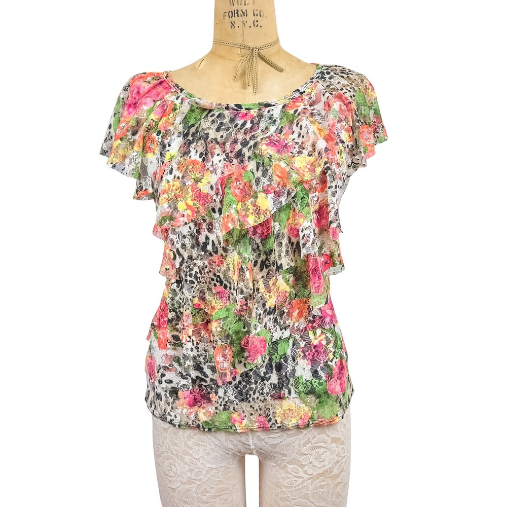 Y2K Boho Multicolor Ruffle Lace Blouse Mesh Floral Leopard Print Hippie Fairy S